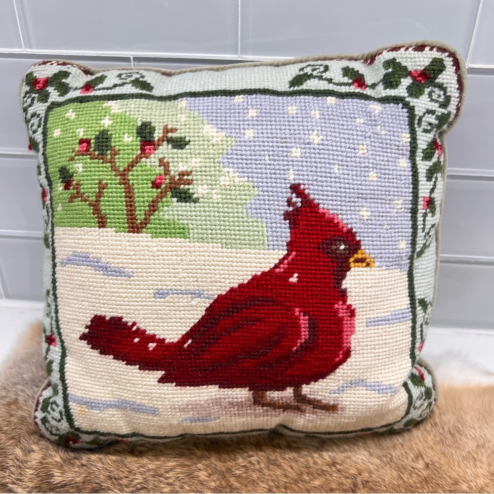 Embroidered Pillow Cardinal Bird Design with Green Soft Velvet Back  10x10 in